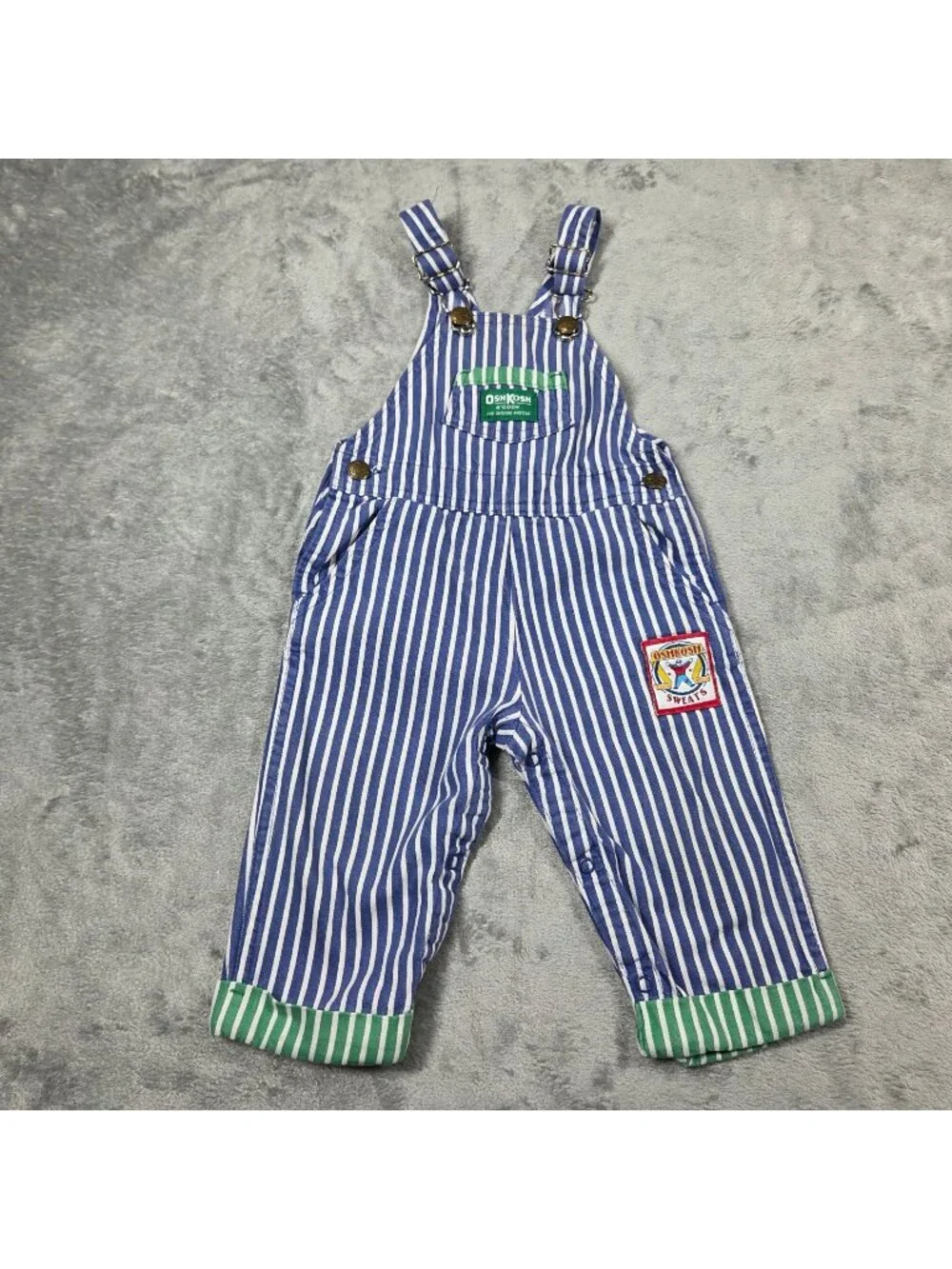 Vintage OshKosh BGosh Overalls 24 Mo Blue Striped Green Cuff Denim Vestbak USA